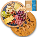 Round Bamboo Cheese Board with Knife Set and Removable Slate - 12 inch Swiveling Charcuterie Board