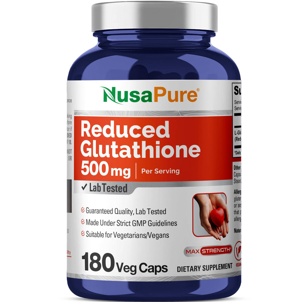 NusaPure Reduced Glutathione 500mg 180 Veggie Capsules (Vegan,Non-GMO) L-Glutathione