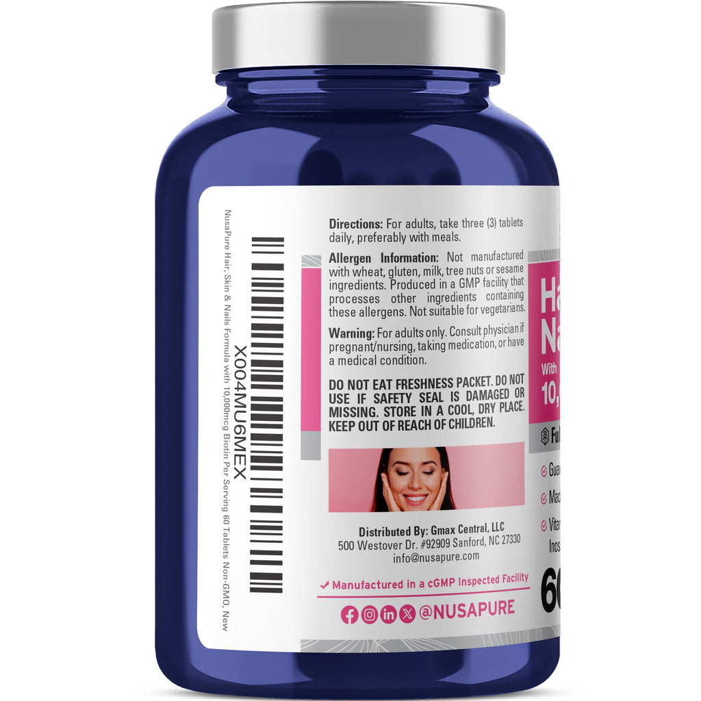 NusaPure Hair, Skin & Nails Formula with 10,000 mcg Biotin Per Serving 60 Tablets Vegetarian Non-GMO
