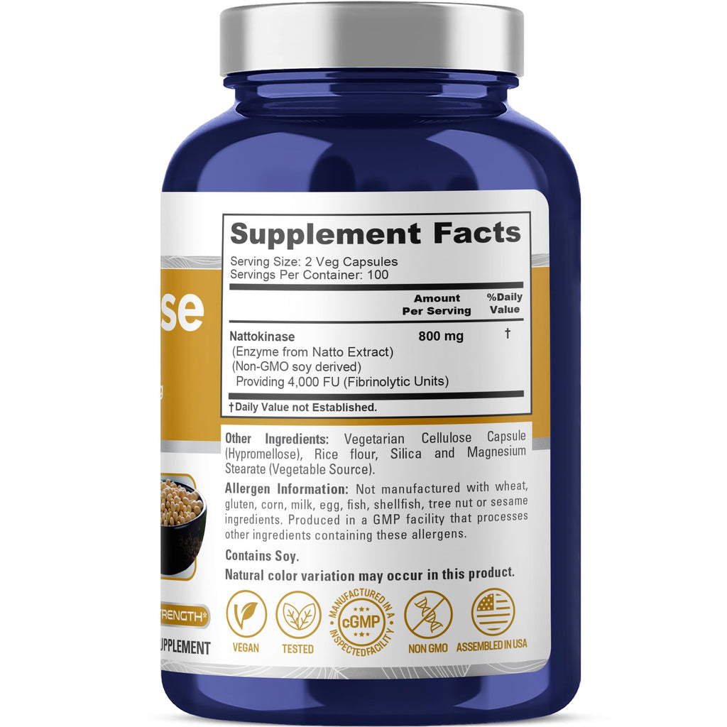 NusaPure Nattokinase 4000 FU 800mg, 200 Veggie Capsules (Vegan, Non-GMO)