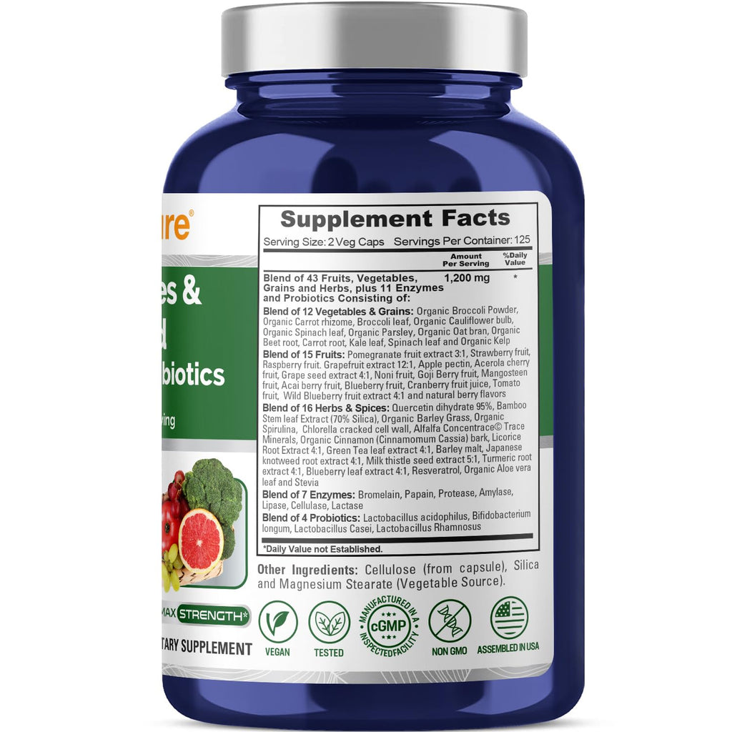 NusaPure Fruits and Veggies Supplement 1200 mg 250 Capsules - 43 Fruits & Vegetables,11 Enzymes, Probiotics (Vegan/Vegetarian, Non-GMO)