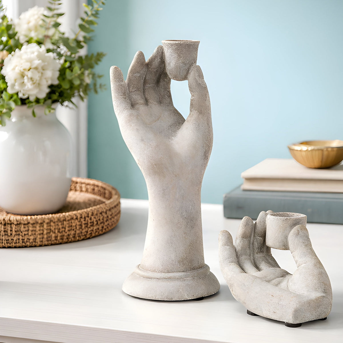 Romanesque Cement Hand Taper Candle Holder Tall or Small Sculptural Statue
