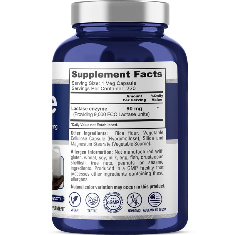 NusaPure Lactase Enzyme 9000 FCC, Lactase Unit, Suitable for Vegetarians/Vegan, Non-GMO, 220 Veg Capsules
