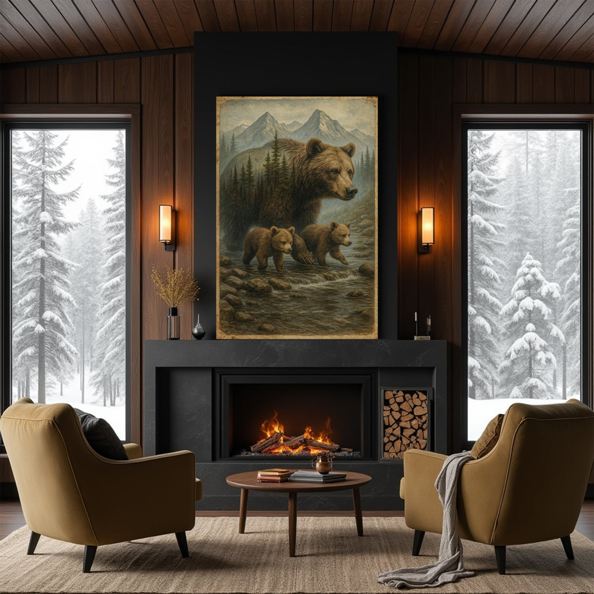 Mother Bear and Cubs Crossing Double Exposure Wall Art