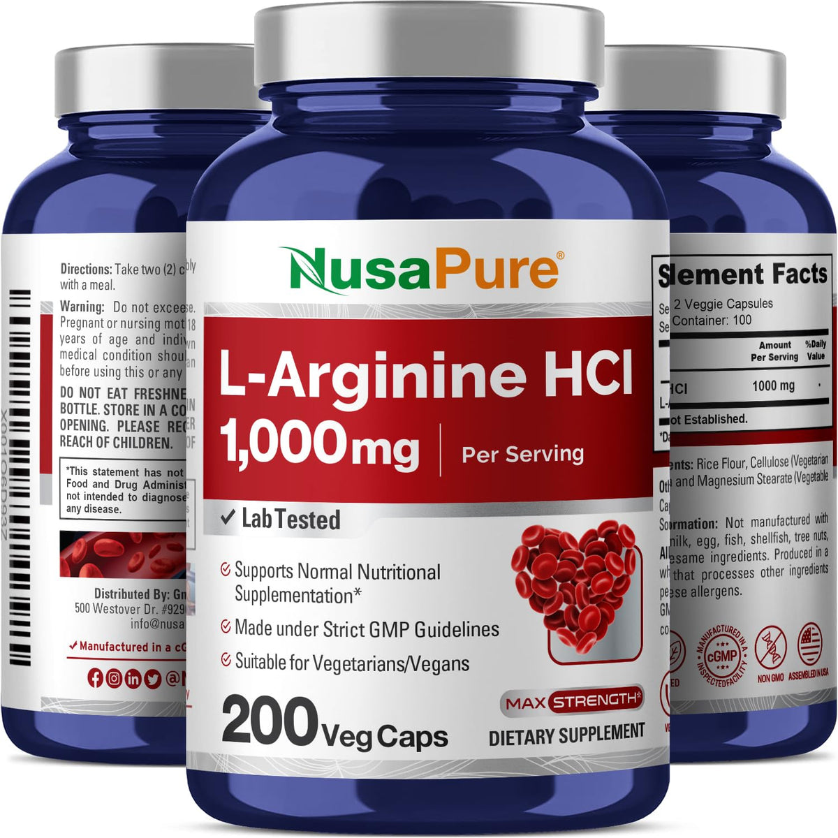 NusaPure L-Arginine 1000 mg 200 Veggie Capsules (Non-GMO, Vegetarian, Vegan)