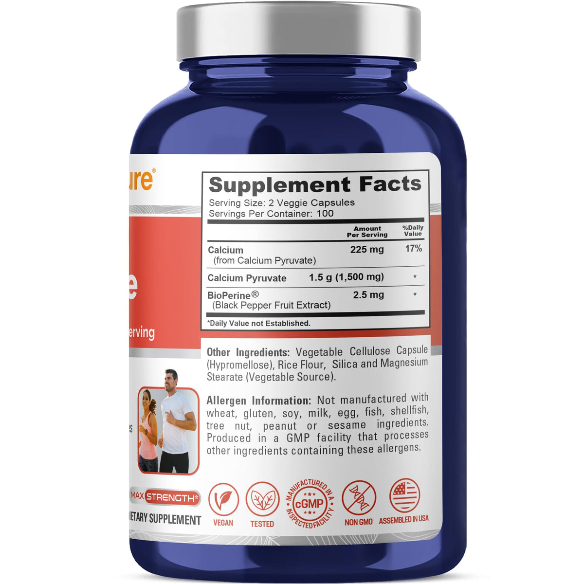 NusaPure Calcium Pyruvate - Suitable for Vegetarian/Vegan, Non - GMO - 1500 mg - 200 Capsules