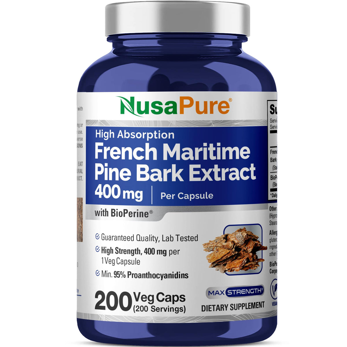 NusaPure French Maritime Pine Bark Extract 400mg per Veggie Caps 200-Day Supply Bioperine Non-GMO Vegan