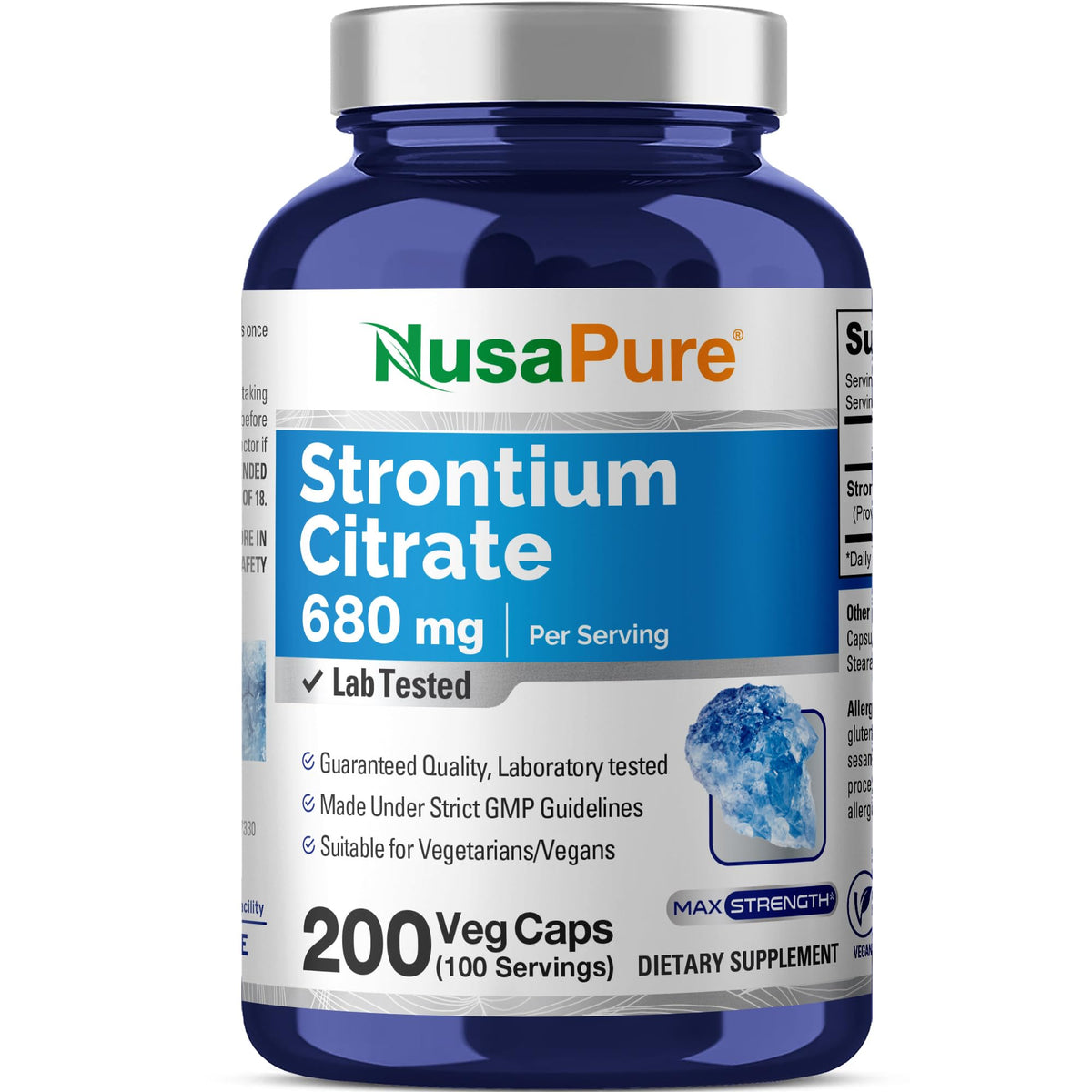 NusaPure Strontium Citrate - Suitable for Vegetarian/Vegan, Non - GMO - 680 mg 200 Capsules