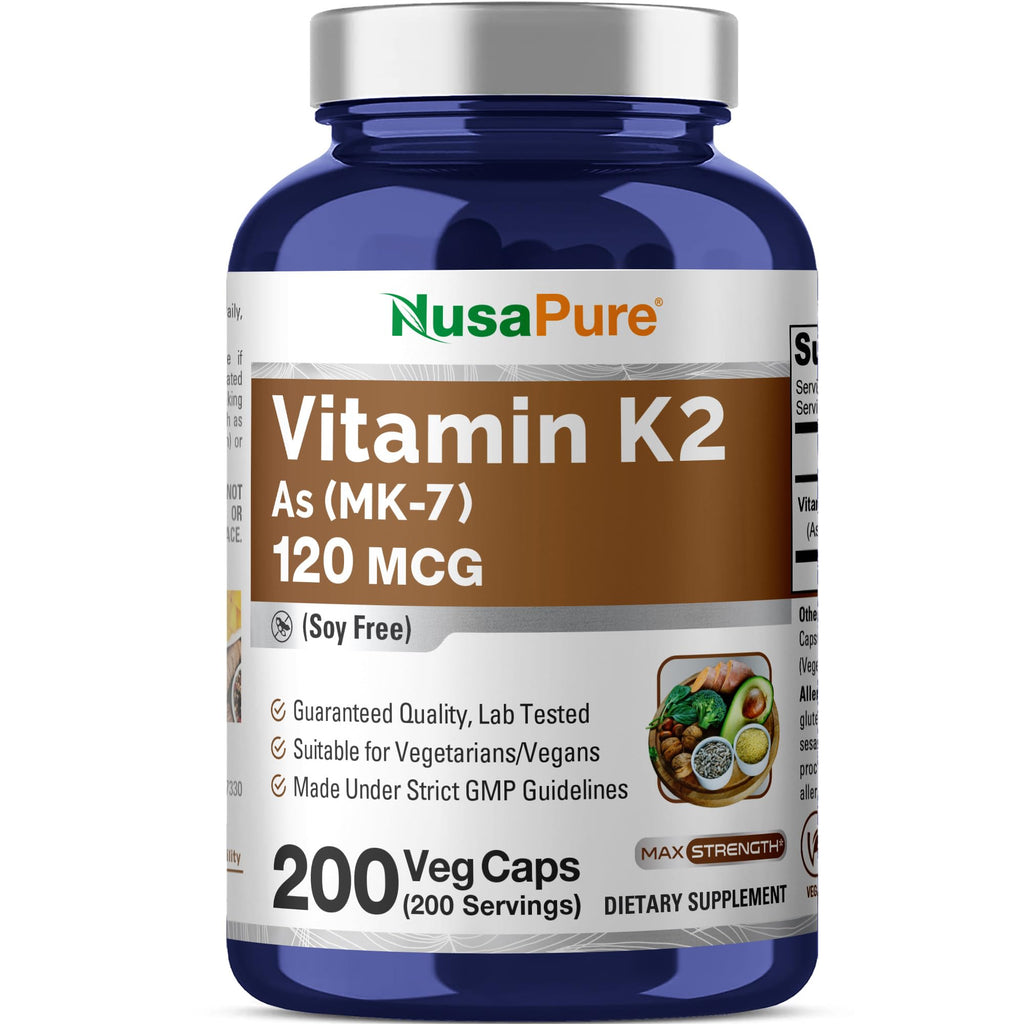 NusaPure Vitamin K2 MK7 120 mcg 200 Veggie Caps (Soy Free, Non-GMO, Vegan)
