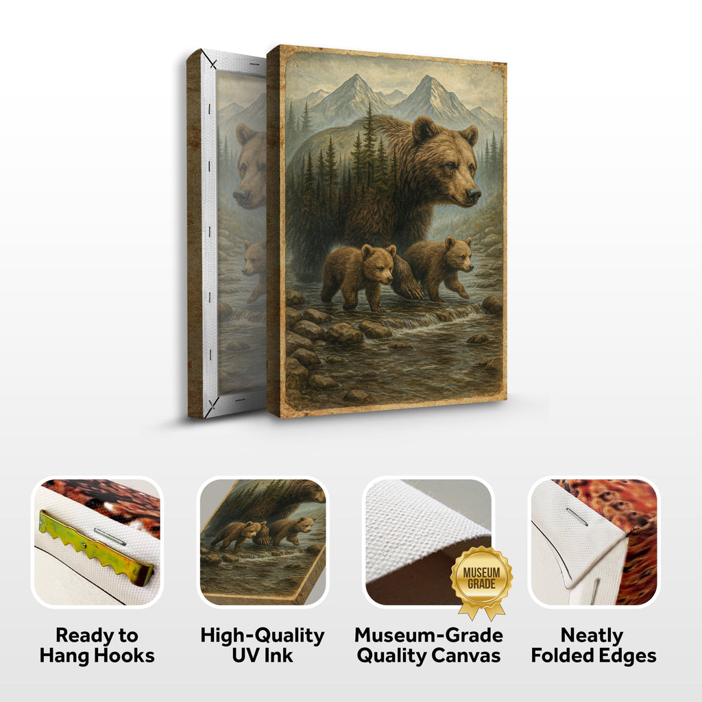 Mother Bear and Cubs Crossing Double Exposure Wall Art