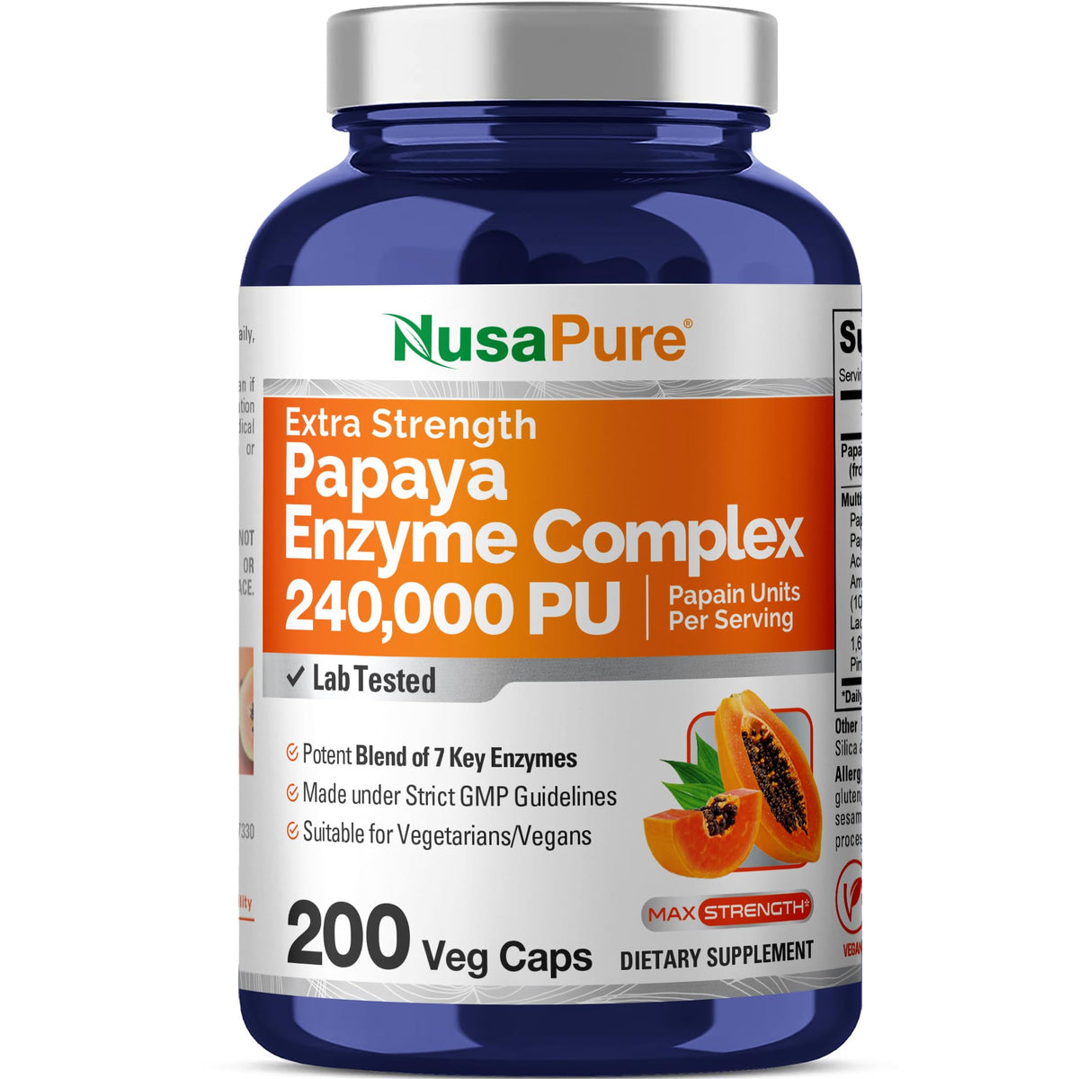 NusaPure Papaya Papain Enzyme Complex 240,000 PU - 200 Veggie Caps - Suitable for Vegetarian, Vegan Non-GMO