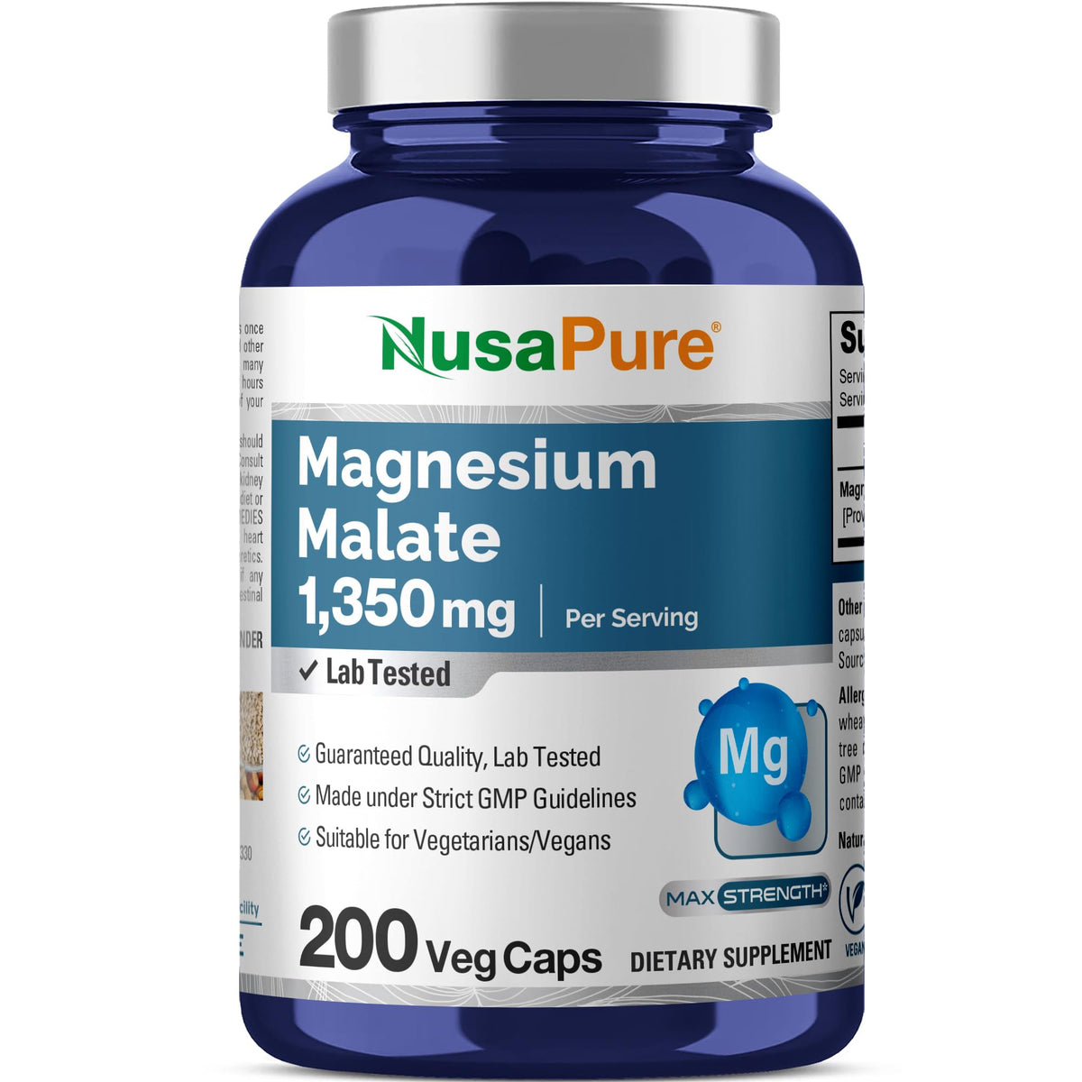 NusaPure Magnesium Malate 1350mg 200 Veggie Capsules (Vegan, Non-GMO, Vegan)