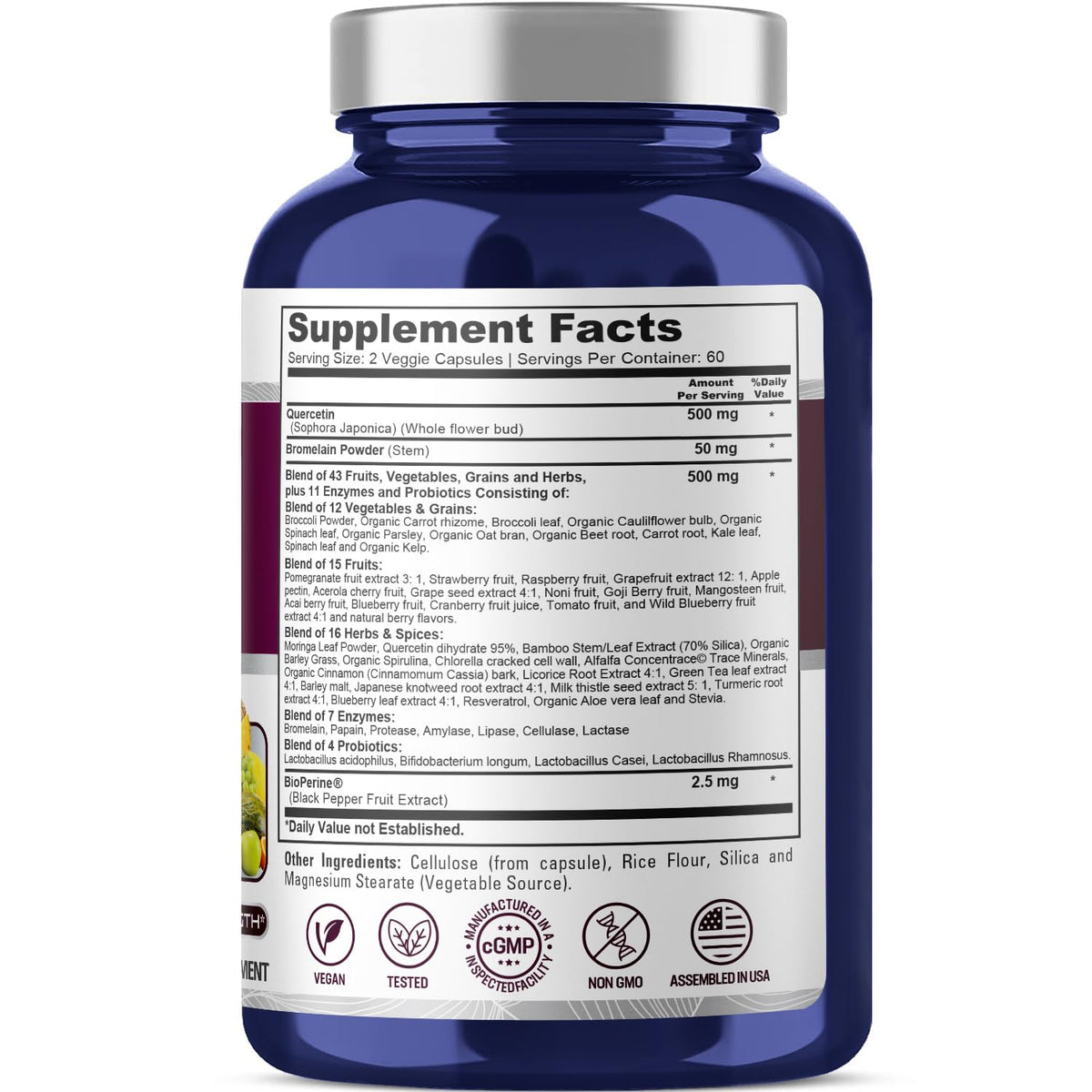 NusaPure Quercetin with Bromelain 500mg |120 Veggie Caps | 43 Fruit Veggie Grain Herbs Enzyme Probiotic Blend | Non-GMO, Vegan, Bioperine