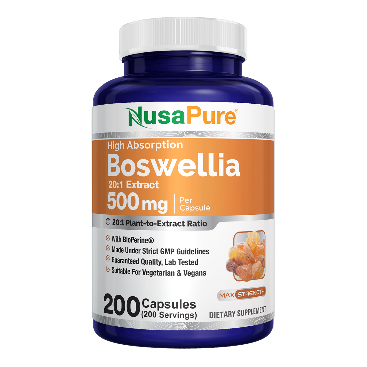 NusaPure Boswellia Serrata 500 mg Per Veggie Caps 200 Count (Ext. 20:1, Non-GMO, Vegetarian, Bioperine) Ayurvedic Herb: Indian Olibanum, Frankincense