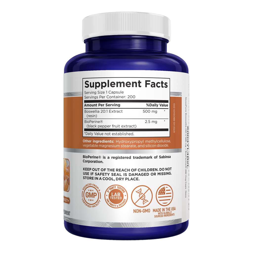 NusaPure Boswellia Serrata 500 mg Per Veggie Caps 200 Count (Ext. 20:1, Non-GMO, Vegetarian, Bioperine) Ayurvedic Herb: Indian Olibanum, Frankincense