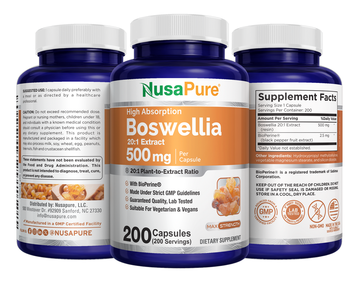 NusaPure Boswellia Serrata 500 mg Per Veggie Caps 200 Count (Ext. 20:1, Non-GMO, Vegetarian, Bioperine) Ayurvedic Herb: Indian Olibanum, Frankincense