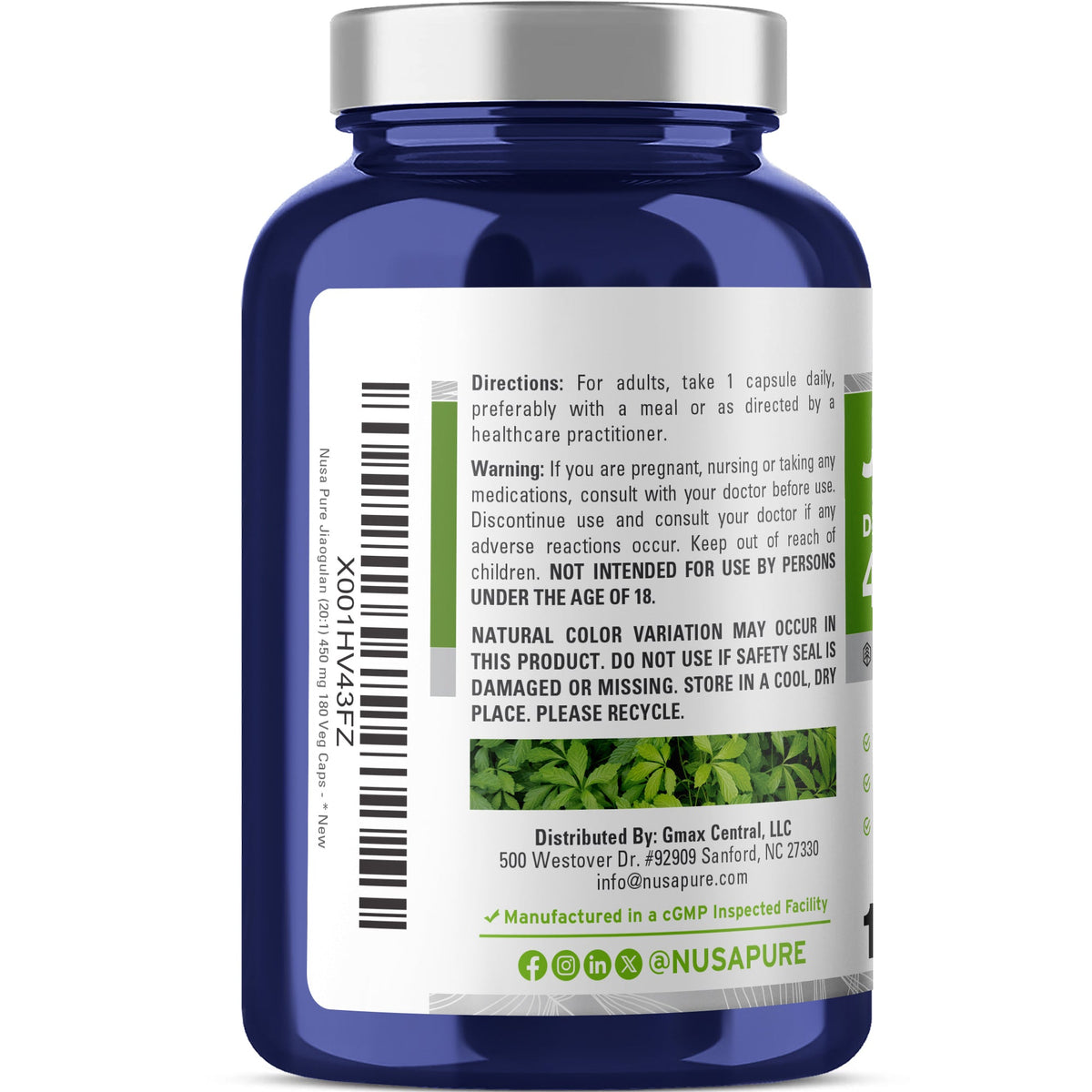 NusaPure Jiaogulan 20:1 Extract, 450 mg 180 Veggie Capsules (Vegetarian, Non-GMO, Vegan) Gynostemma Pentaphyllum