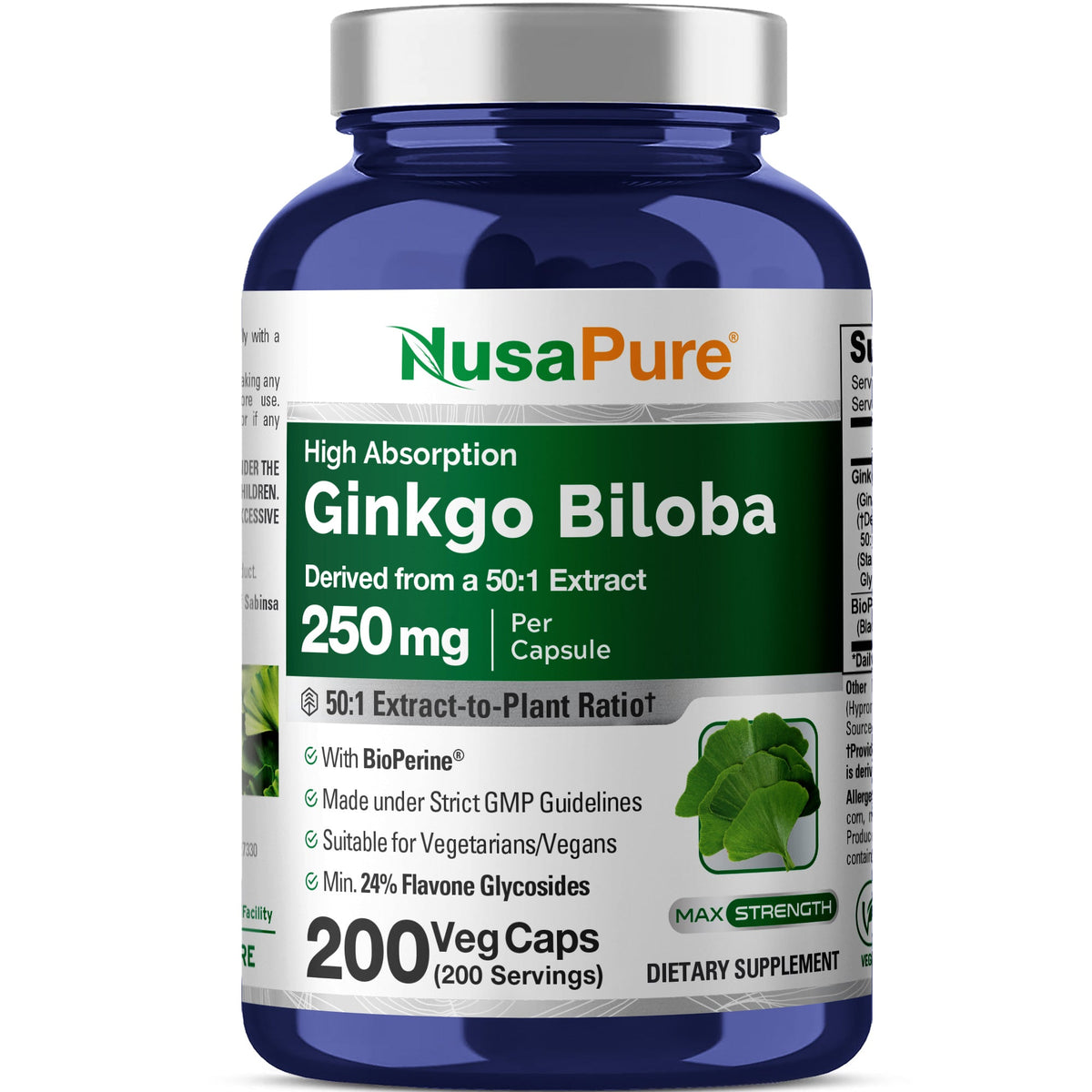 NusaPure Ginkgo Biloba 50:1 Extract, 250 mg per Veggie Caps 200 Capsules (Vegetarian, Non-GMO, Vegan) Bioperine