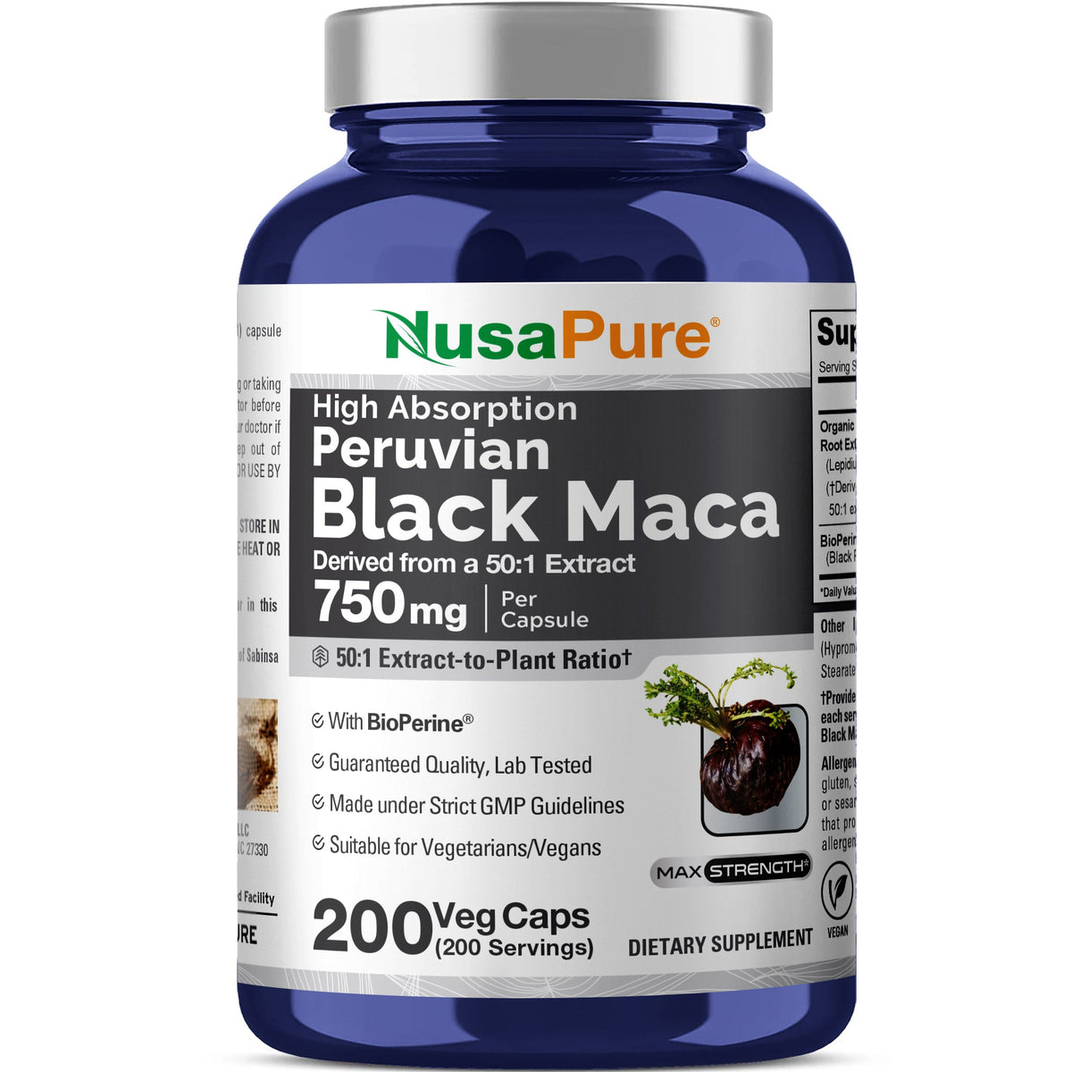 NusaPure Peruvian Black Maca Root Extract 750mg 50:1 - Suitable for Vegetarian/Vegan, Non - GMO - 37500 mg - 200 Capsules