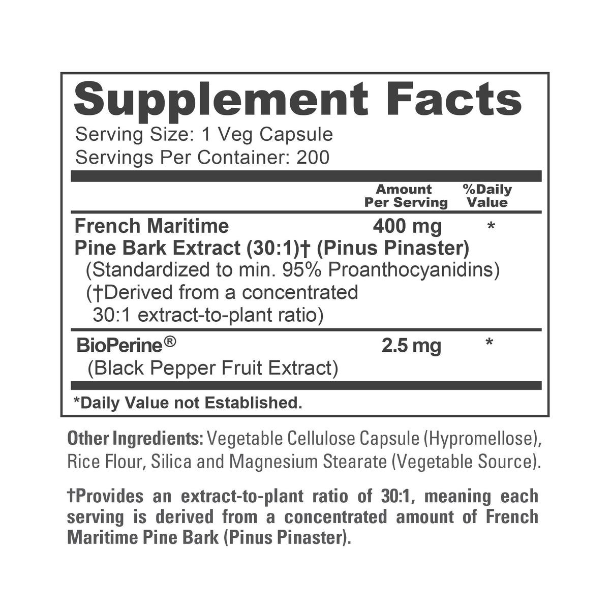 NusaPure French Maritime Pine Bark 30:1 Extract, 400 mg Per Veggie Caps 200-Day Supply, Bioperine (Non-GMO & Vegan)