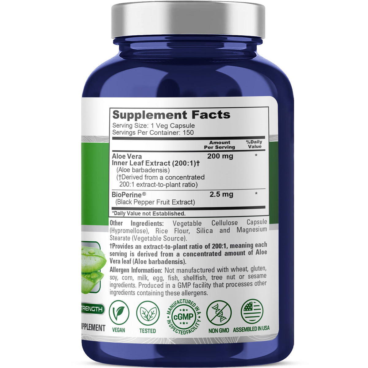 NusaPure Aloe Vera 200mg Per Veggie Caps - 150 Count - Aloe Vera Gel Supplement - Extract 200:1, Vegetarian, Non-GMO, Bioperine