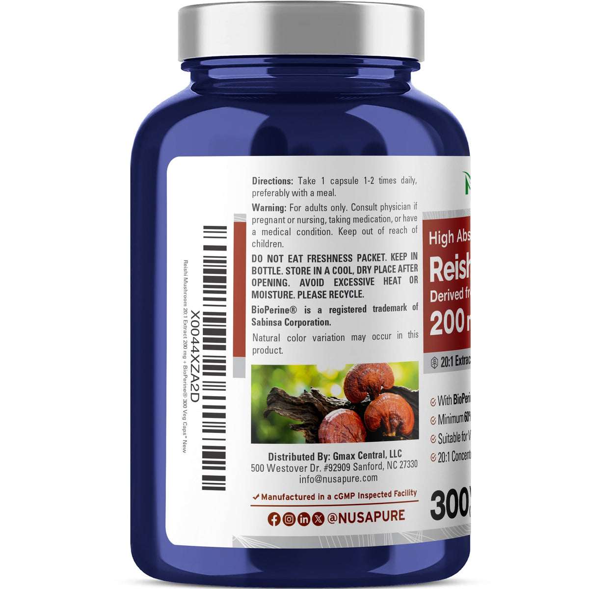 Reishi Mushroom, Non-GMO, Vegan, 200mg, 300 Veg Capsules - 300 Servings