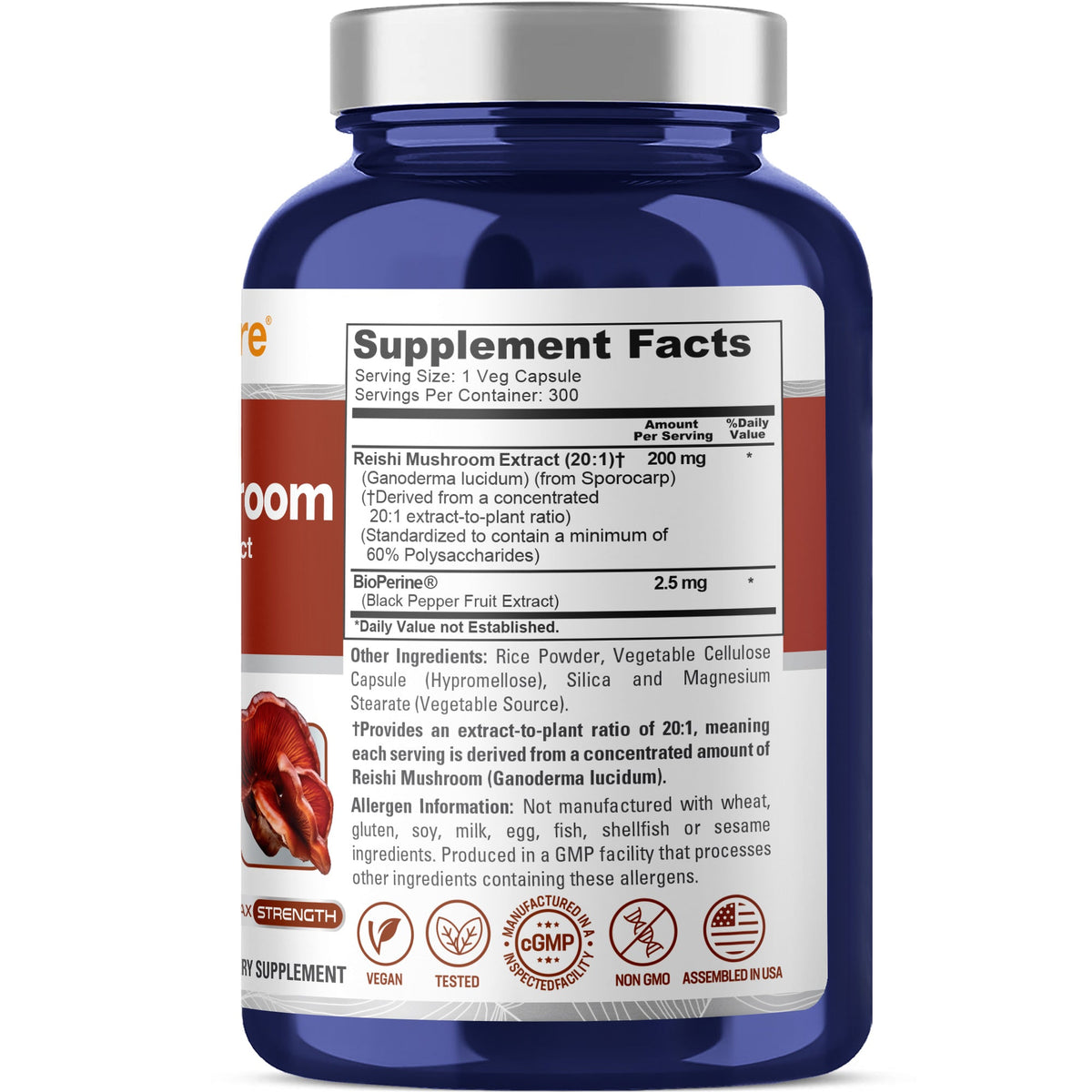 Reishi Mushroom, Non-GMO, Vegan, 200mg, 300 Veg Capsules - 300 Servings