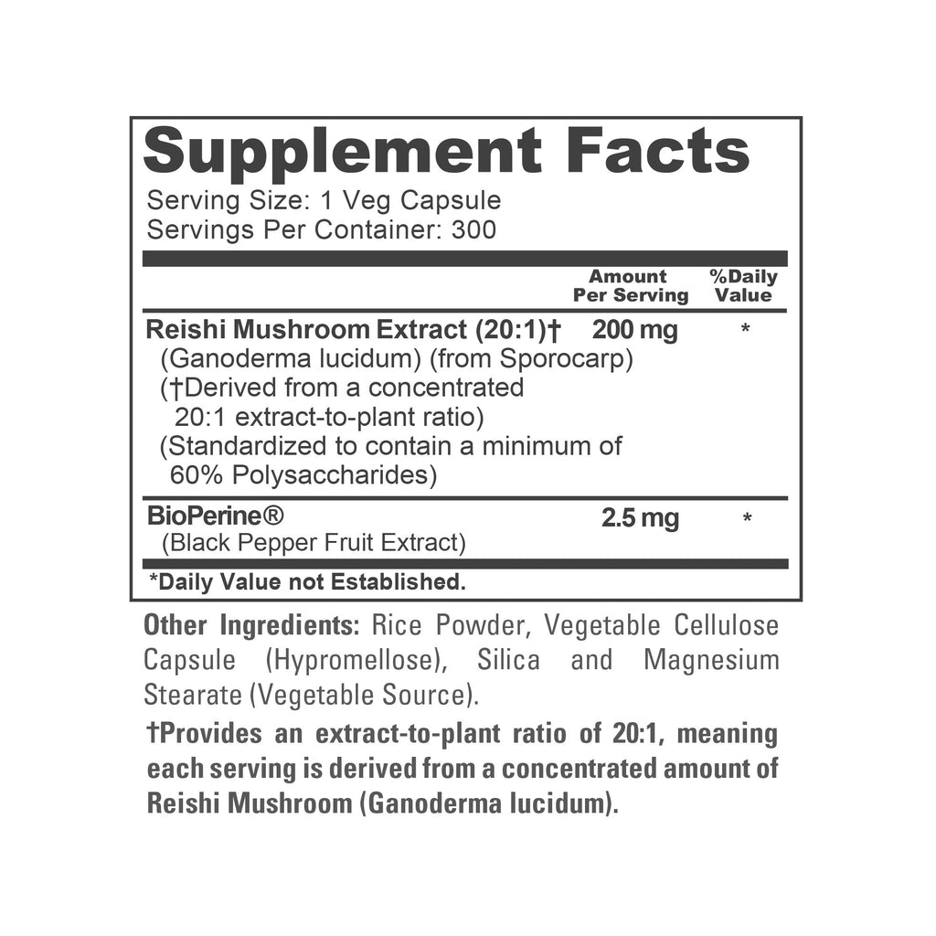 Reishi Mushroom, Non-GMO, Vegan, 200mg, 300 Veg Capsules - 300 Servings