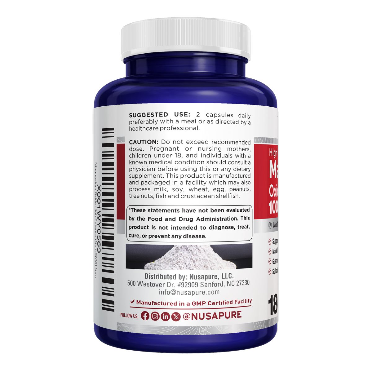 NusaPure Magnesium Oxide 1,000mg per Serving 180 Veggie Caps (Non-GMO, Vegan)