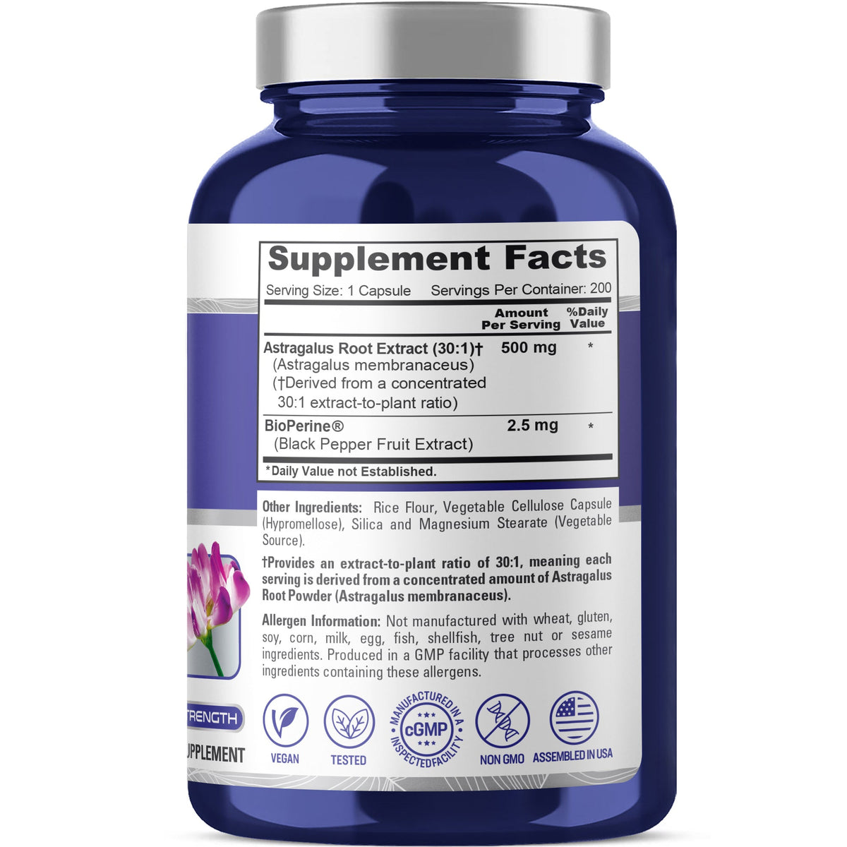 NusaPure Astragalus Root 30:1 Extract, 500 mg 200 Veg Caps Suitable for Vegetarians and Vegans, Non-GMO