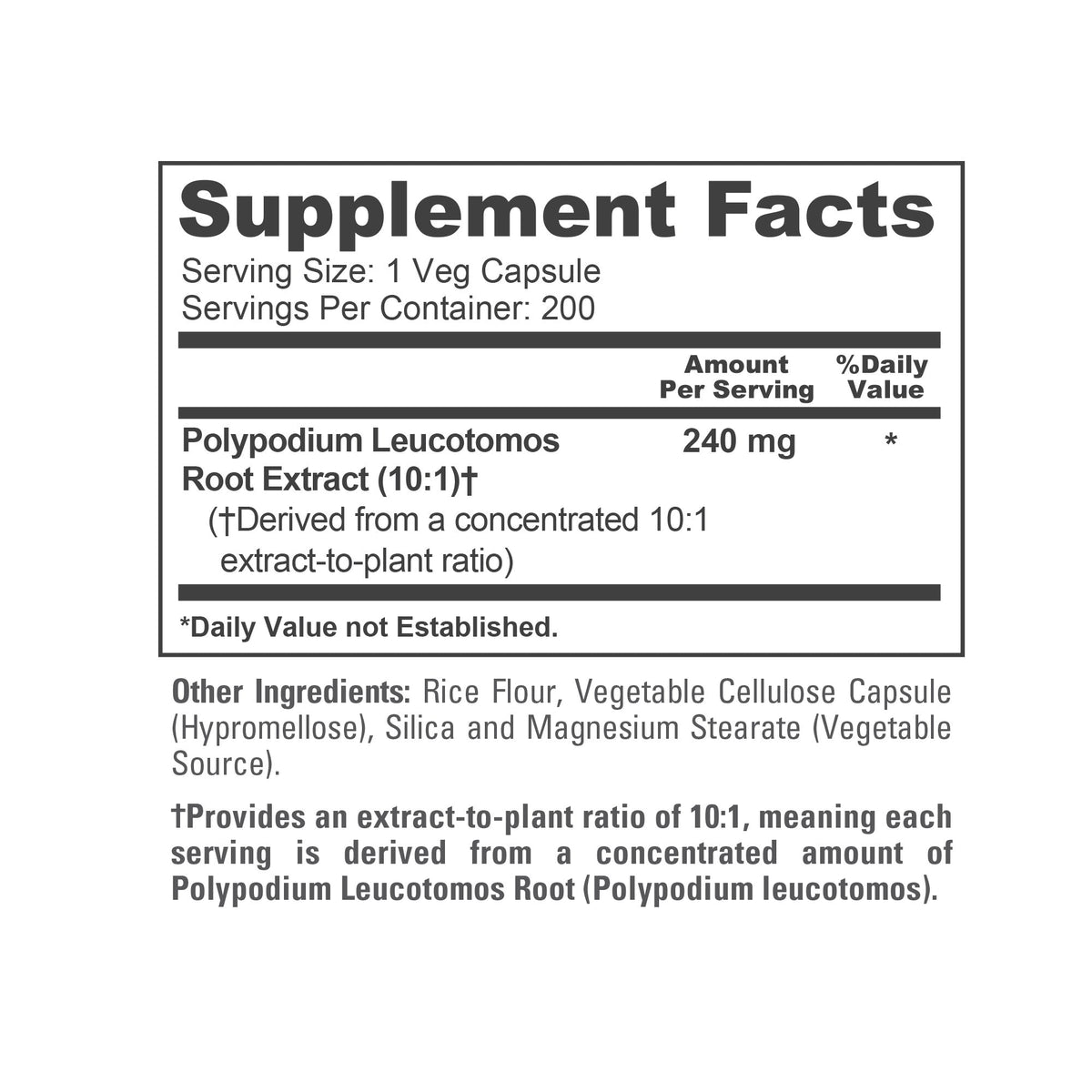 NusaPure Polypodium Leucotomos 10:1 Extract, 240 mg 200 Veggie Capsules (Vegetarian, Non-GMO, Vegan)