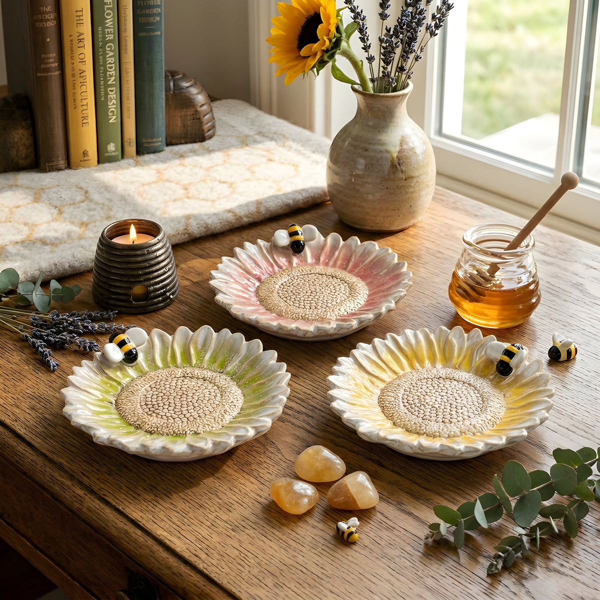 Assorted Flower and Bee Pillar Candle or Wine Base Plate Round 5″ Set of 3