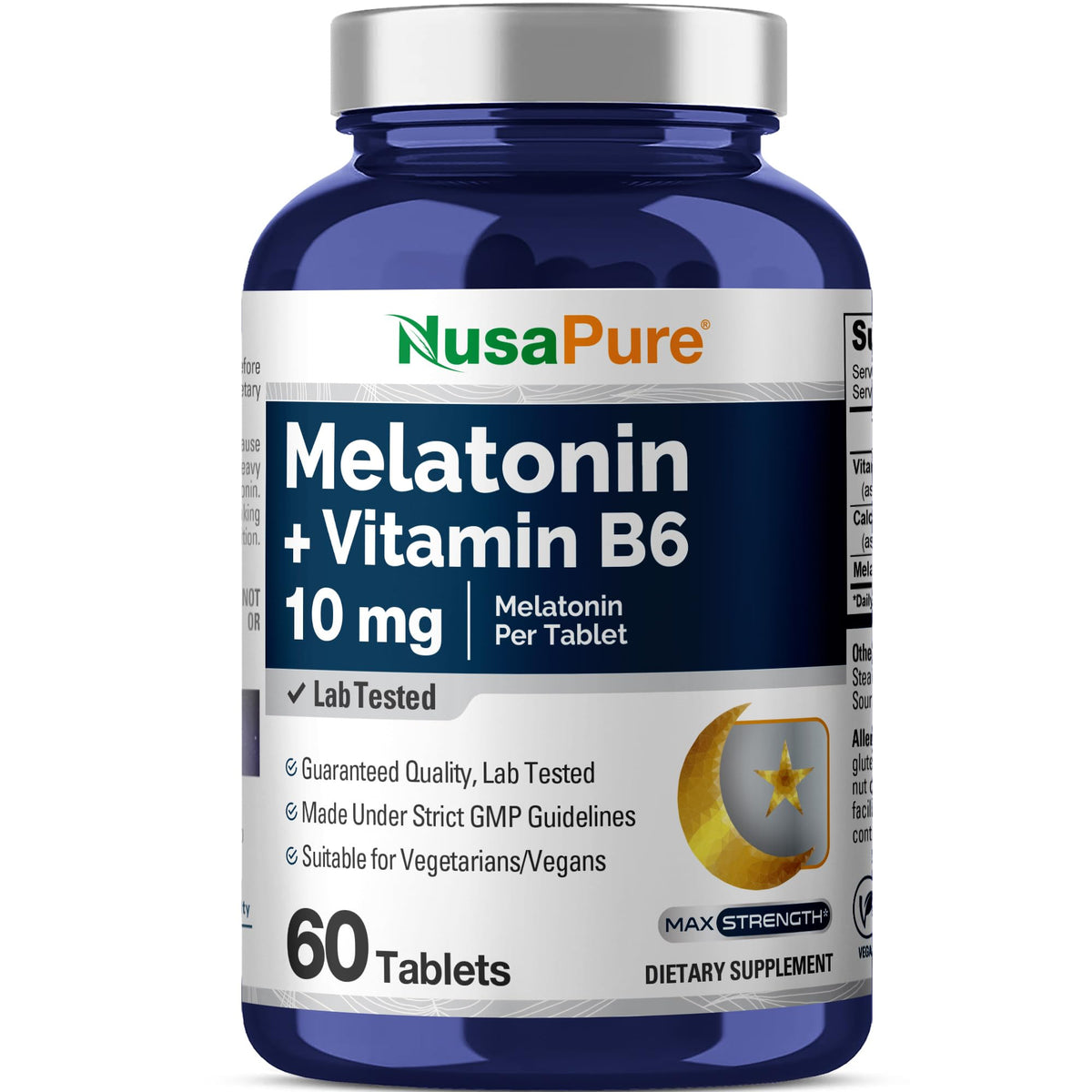 NusaPure Melatonin + Vitamin B6 10 mg Per 60 Tablets Vegetarians Vegans Non-GMO Dietary Supplement