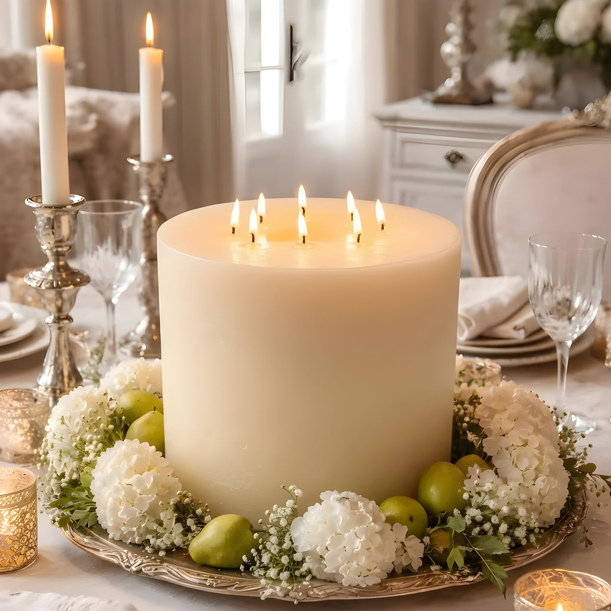 Bonfire White Beeswax Candle Eight-Wick Luxury Statement Pillar 9″ Tall 8″ Wide