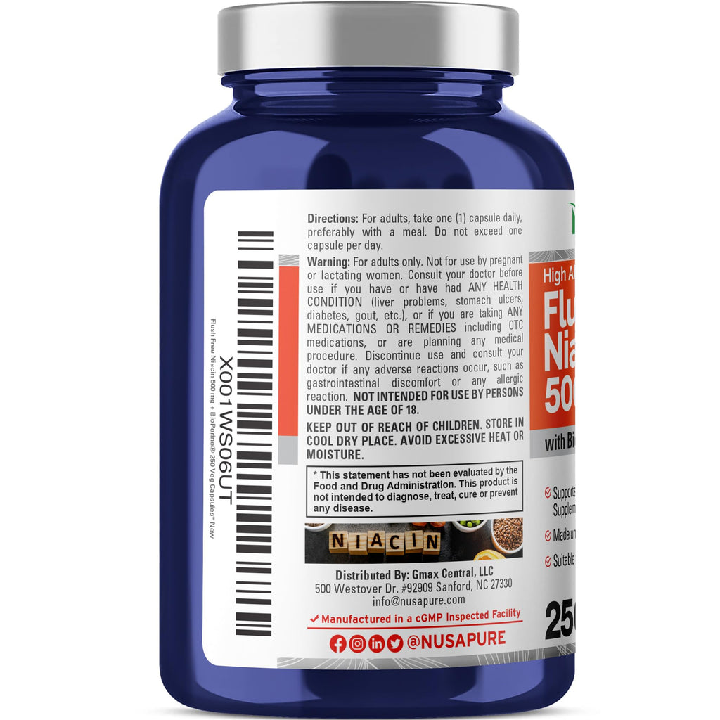 NusaPure FLUSH Free Niacin - Suitable for Vegetarian/Vegan, Non - GMO - 500 mg - 250 Capsules