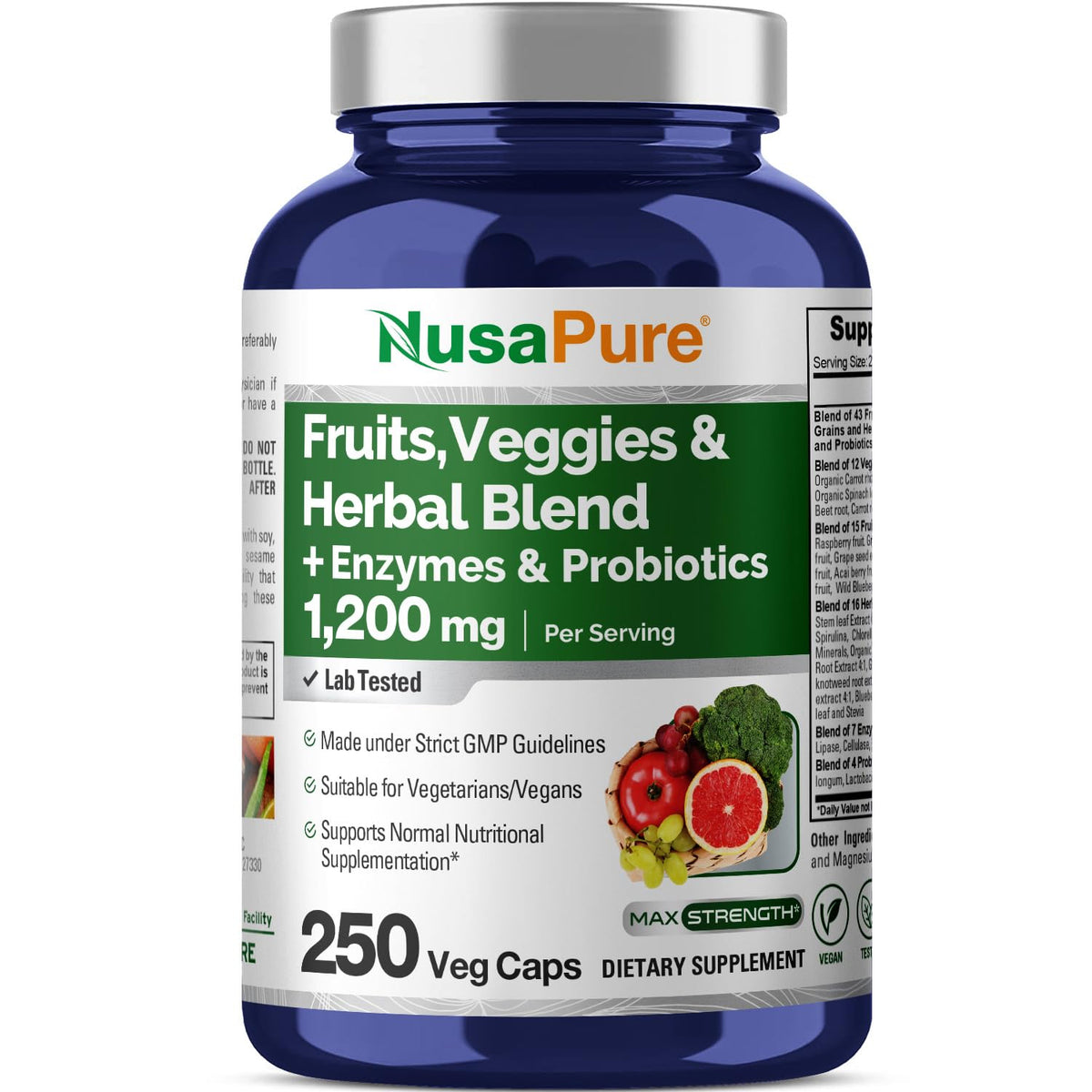 NusaPure Fruits and Veggies Supplement 1200 mg 250 Capsules - 43 Fruits & Vegetables,11 Enzymes, Probiotics (Vegan/Vegetarian, Non-GMO)