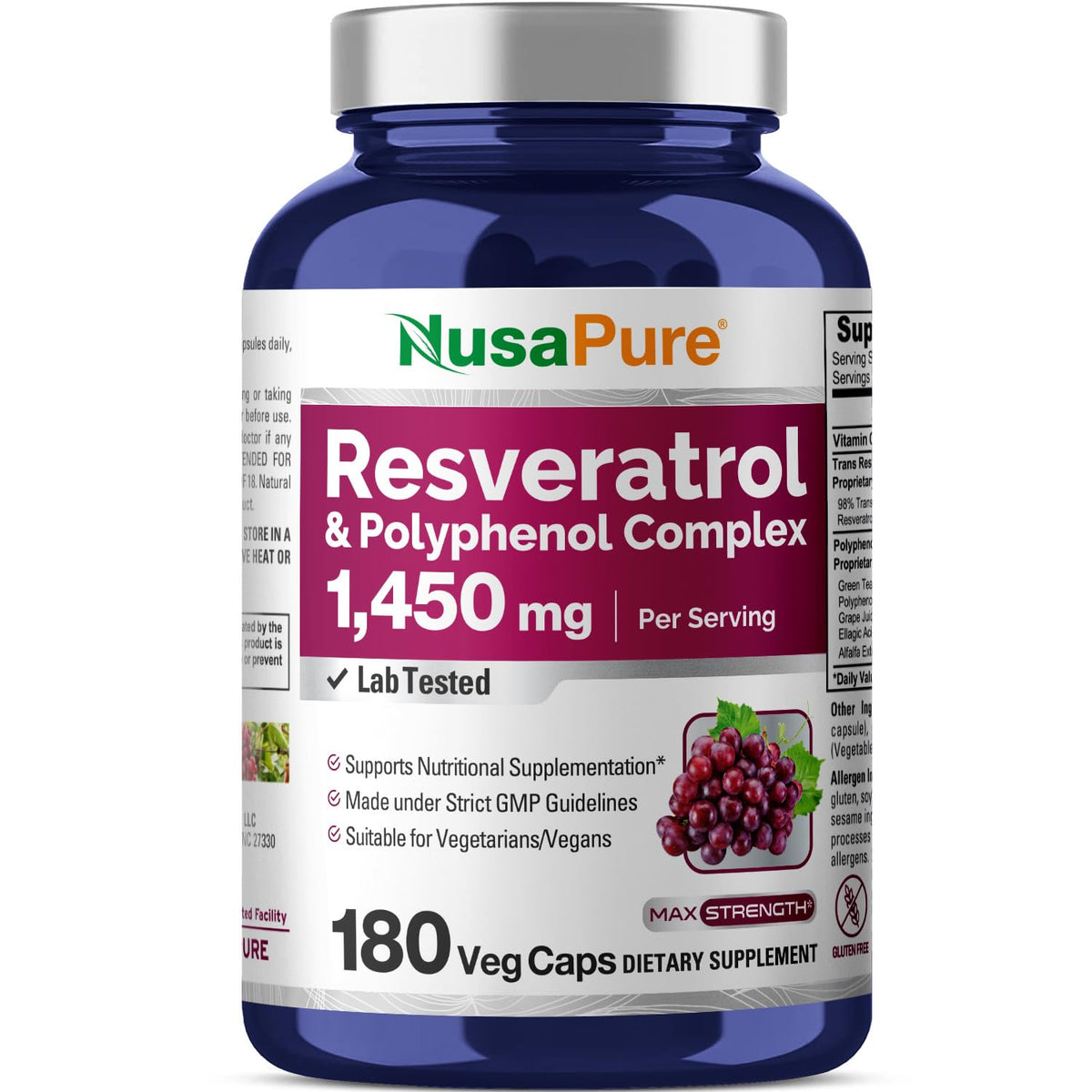 NusaPure Resveratrol & Polyphenol Complex 1450mg 180 Vegetarian Caps (Non-GMO, Vegan) Vitamin C