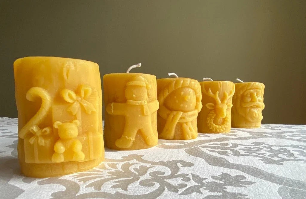 Christmas Beeswax Pillar Candles Santa Snowman Reindeer Gingerbread Holiday Gifts
