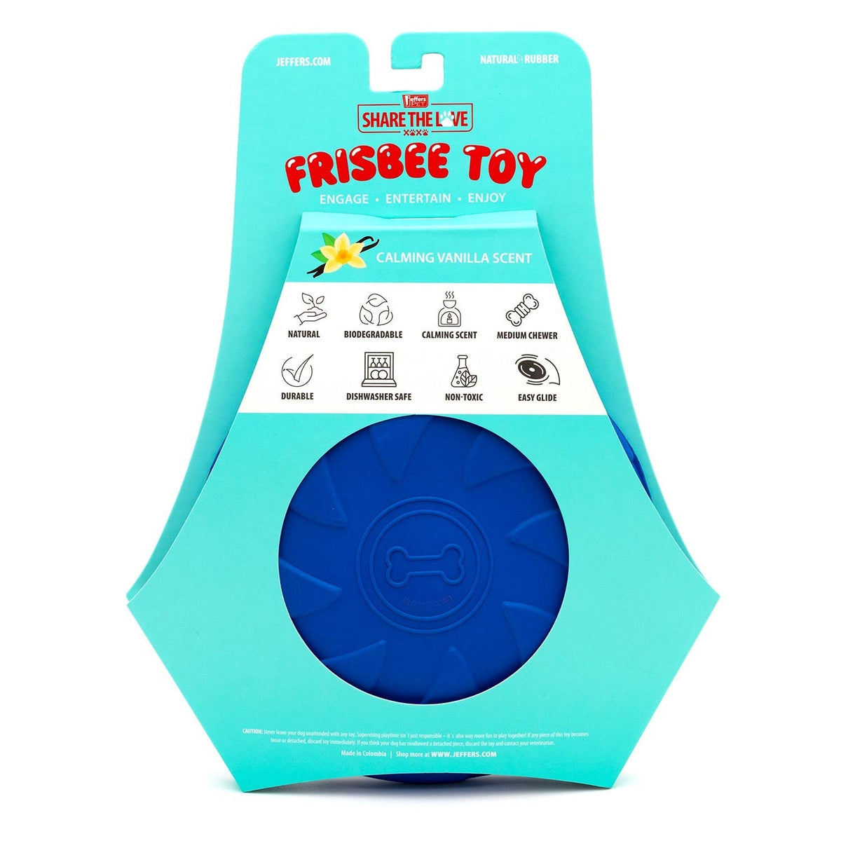 Jeffers Blue Bone Stamped Frisbee Natural Rubber 8 Inch Dog Toy for Fetching & Chewing